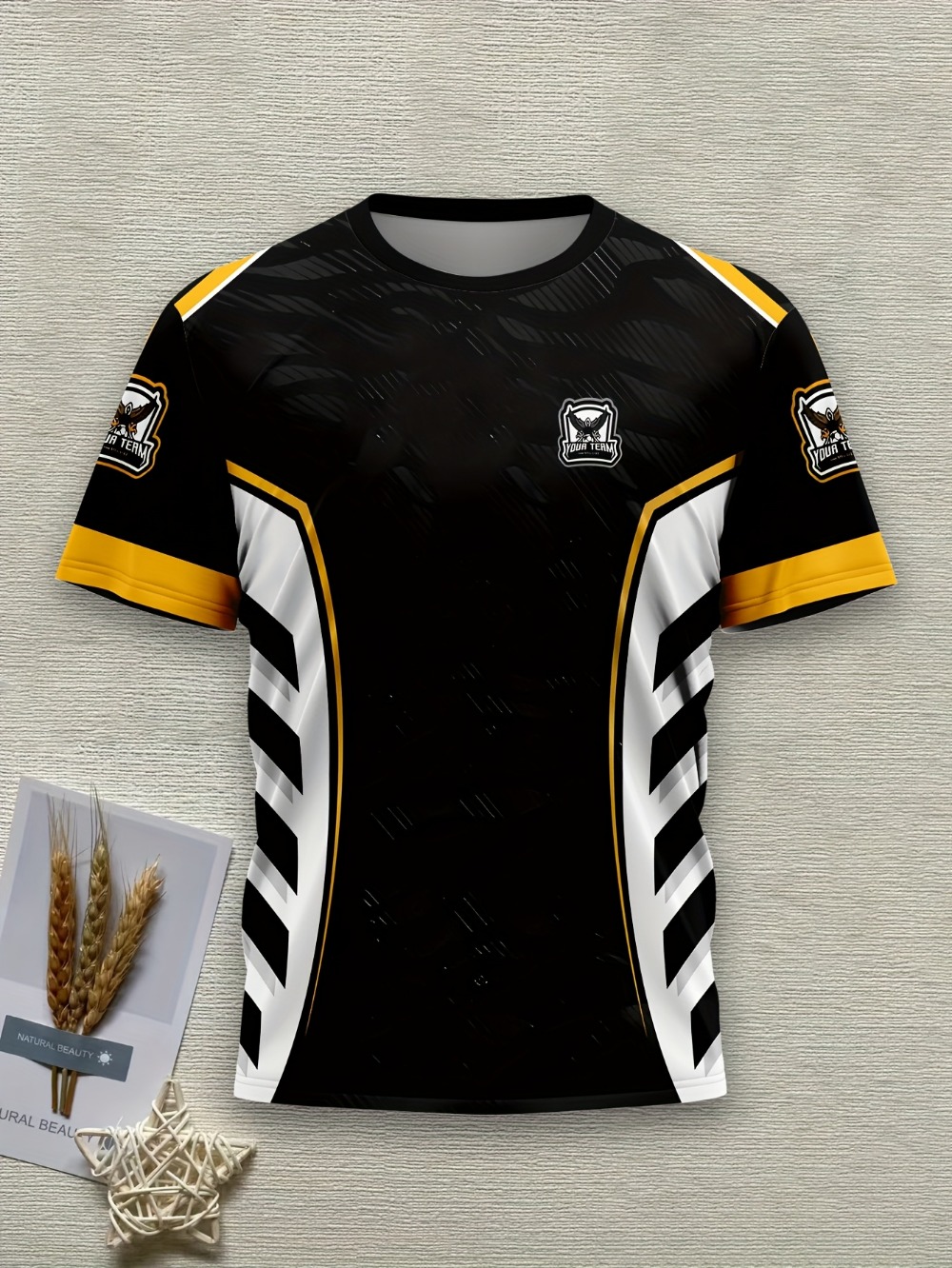 Esports Gaming Logos - Мужская футболка для киберспортивной команды, черно-золото-белая,